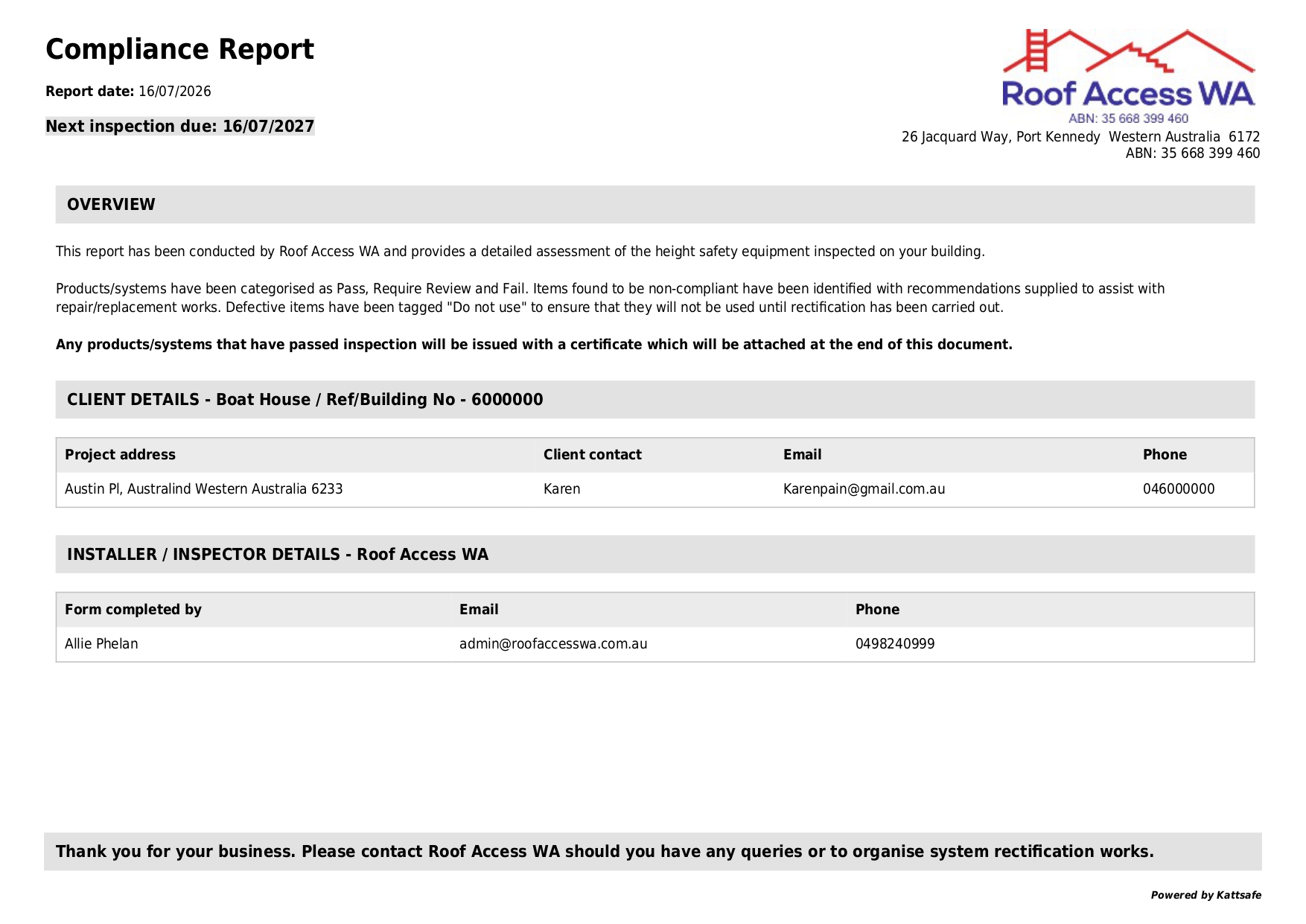 16 07 2026 Roof Access WA Compliance Report and Certificate Boat House page 0001