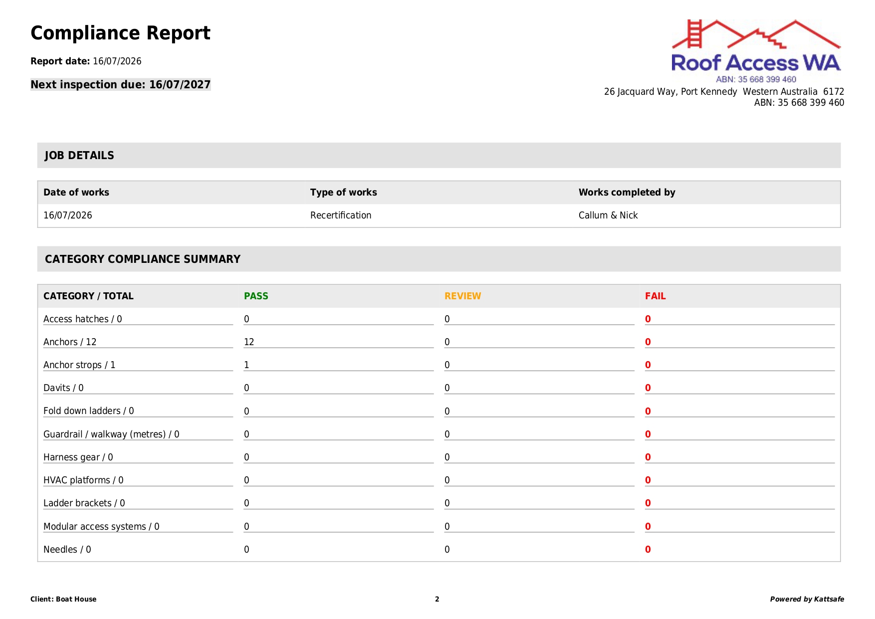 16 07 2026 Roof Access WA Compliance Report and Certificate Boat House page 0002