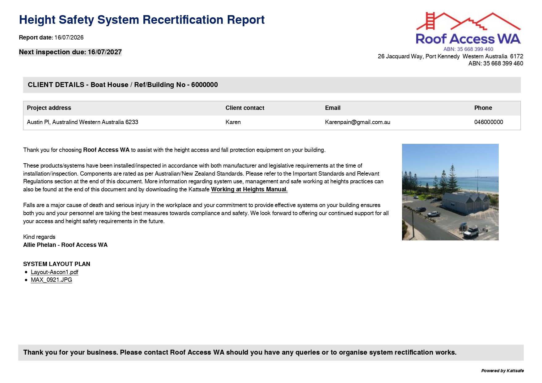 16 07 2026 Roof Access WA Recertification Report for Boat House page 0001