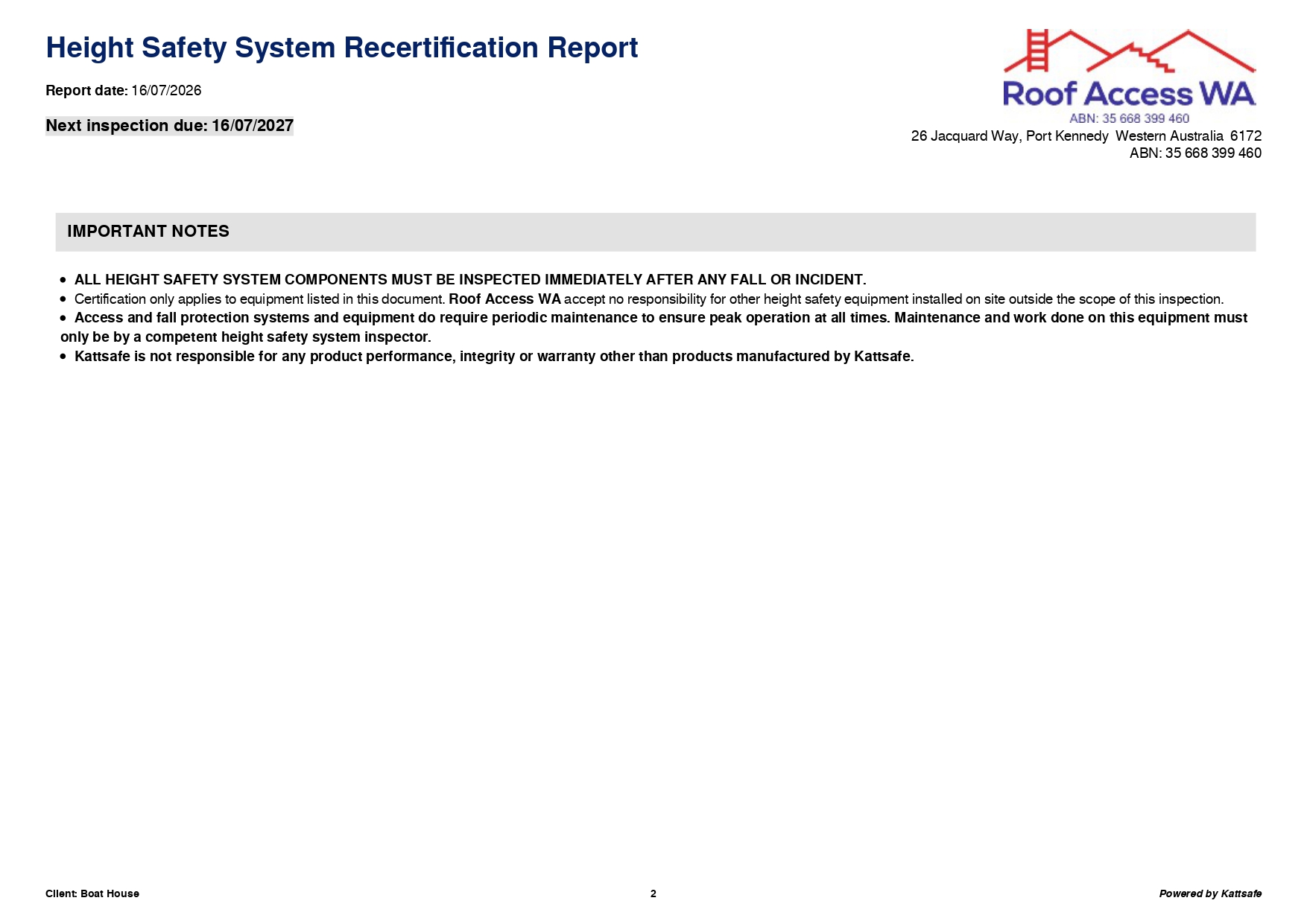 16 07 2026 Roof Access WA Recertification Report for Boat House page 0002
